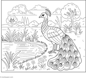 Peacock by the Pond coloring page – free printable for kids to color and enjoy