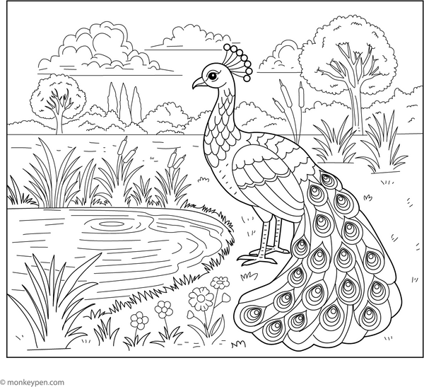 Peacock by the Pond coloring page – free printable for kids to color and enjoy