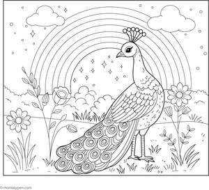 Peacock and a Rainbow coloring page – free printable for kids to color and enjoy