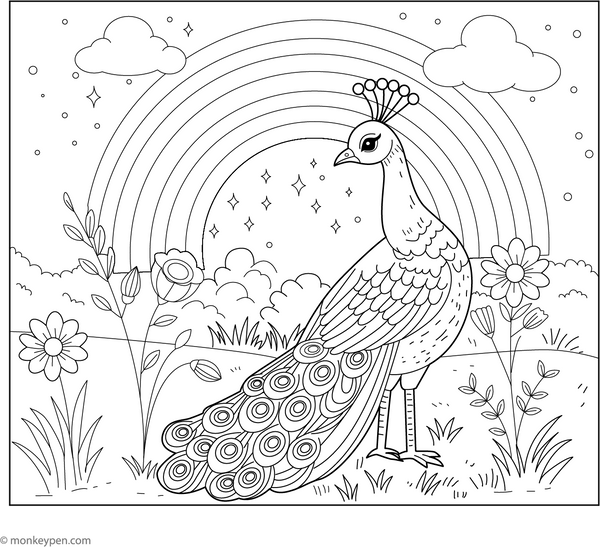 Peacock and a Rainbow coloring page – free printable for kids to color and enjoy