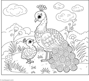 Baby Peacock and Mama Peacock coloring page – free printable for kids to color and enjoy