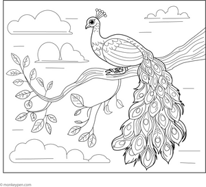 Peacock on a Tree Branch coloring page – free printable for kids to color and enjoy
