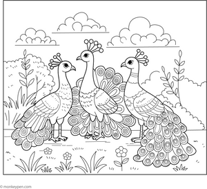 Peacock with Peacock Friends coloring page – free printable for kids to color and enjoy