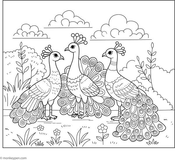 Peacock with Peacock Friends coloring page – free printable for kids to color and enjoy