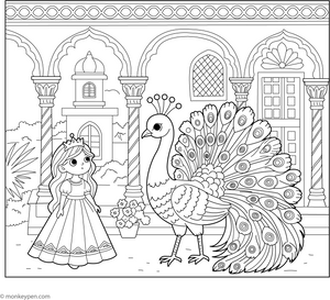 Peacock in a Palace Courtyard coloring page – free printable for kids to color and enjoy