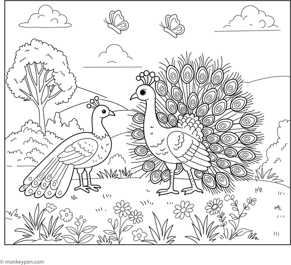 Peacock and Peahen coloring page – free printable for kids to color and enjoy