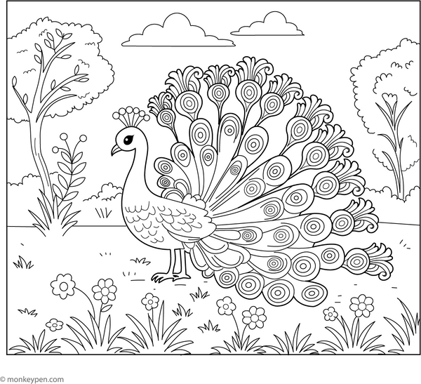 Cartoon Peacock coloring page – free printable for kids to color and enjoy