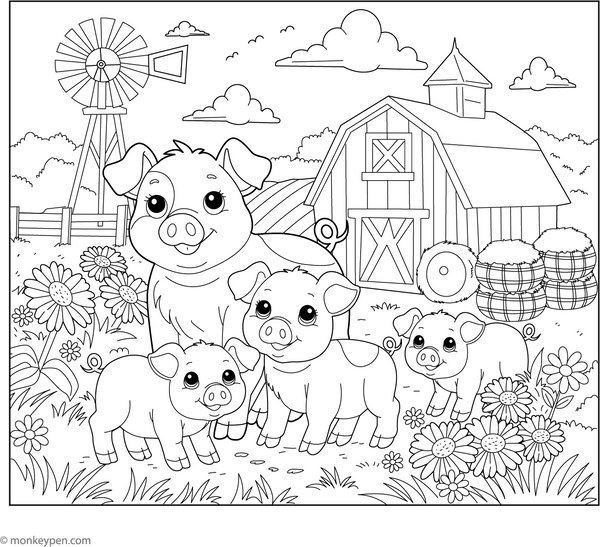 Pig Family on a Farm coloring page – free printable for kids to color and enjoy