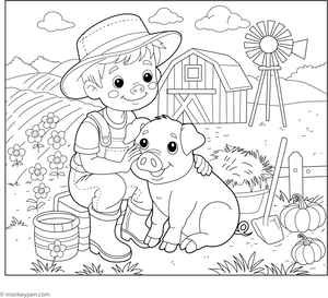 Pig with Farmer coloring page – free printable for kids to color and enjoy