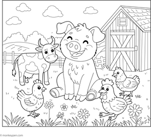 Pig with Farm Friends coloring page – free printable for kids to color and enjoy