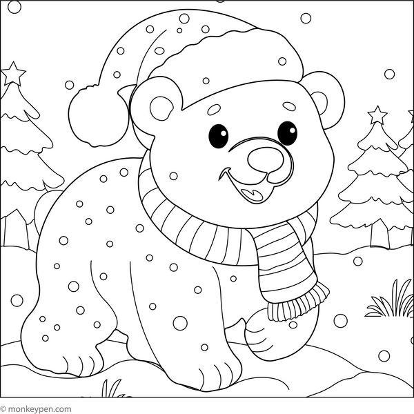 Happy Polar Bear in the Snow coloring page – free printable for kids to color and enjoy