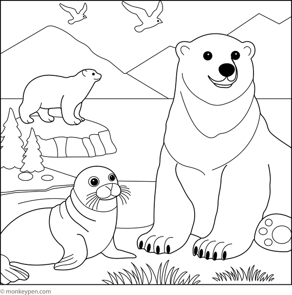 Polar Bear and Seal coloring page – free printable for kids to color and enjoy