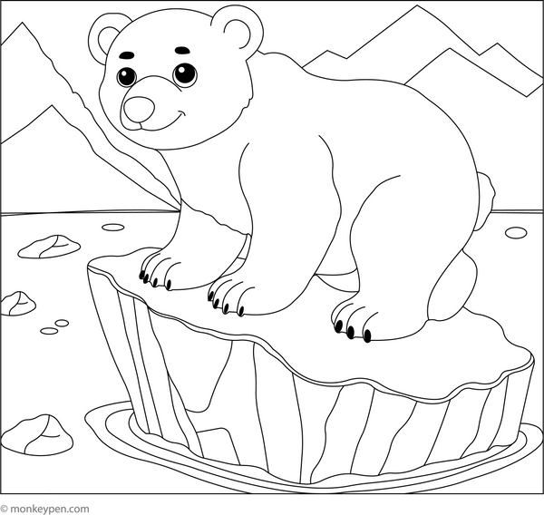 Polar Bear on an Iceberg coloring page – free printable for kids to color and enjoy