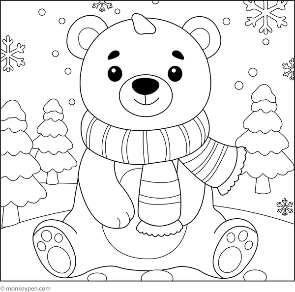 Polar Bear with a Scarf coloring page – free printable for kids to color and enjoy