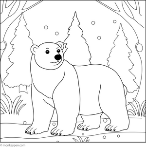 Polar Bear in a Winter Forest coloring page – free printable for kids to color and enjoy