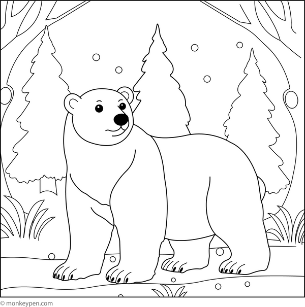 Polar Bear in a Winter Forest coloring page – free printable for kids to color and enjoy