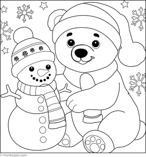Polar Bear with a Snowman coloring page – free printable for kids to color and enjoy