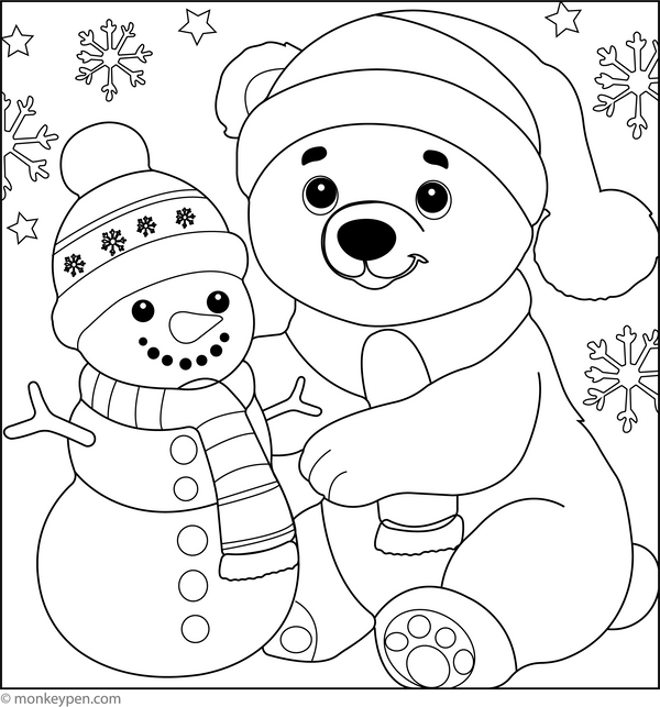 Polar Bear with a Snowman coloring page – free printable for kids to color and enjoy