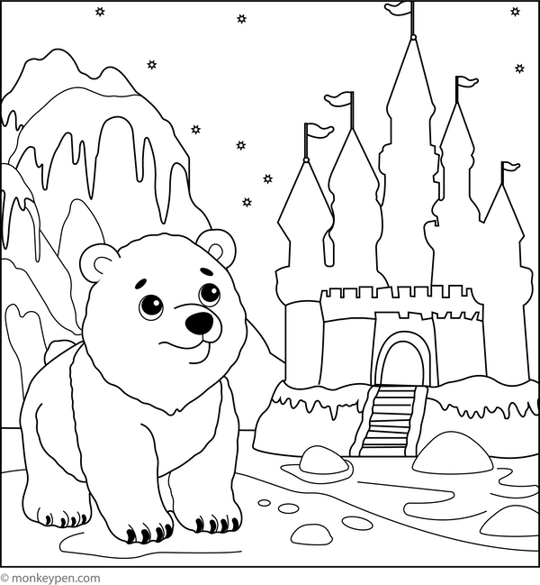 Polar Bear and Ice Castle coloring page – free printable for kids to color and enjoy