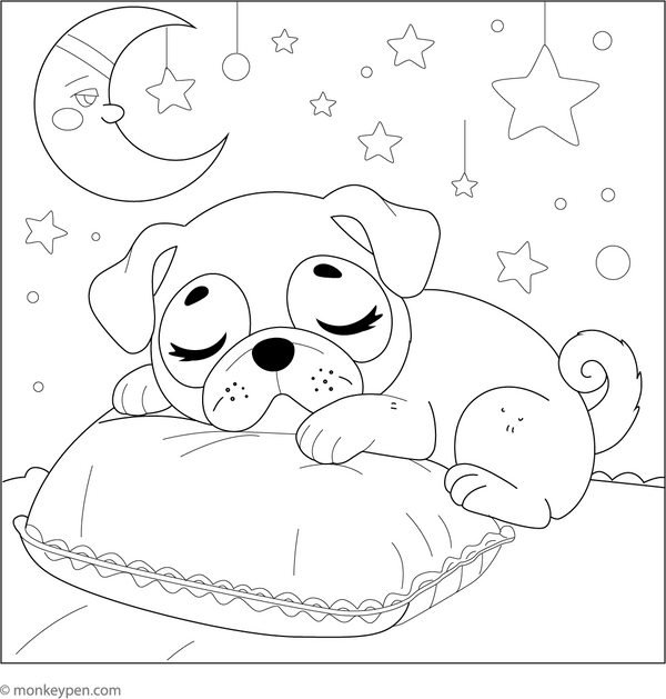 Sleeping Pug coloring page – free printable for kids to color and enjoy