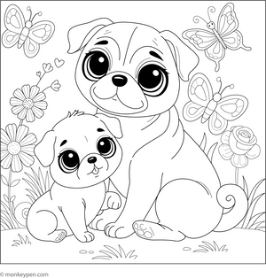 Mother and Baby Pug coloring page – free printable for kids to color and enjoy