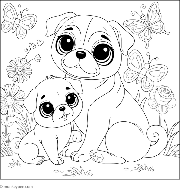 Mother and Baby Pug coloring page – free printable for kids to color and enjoy