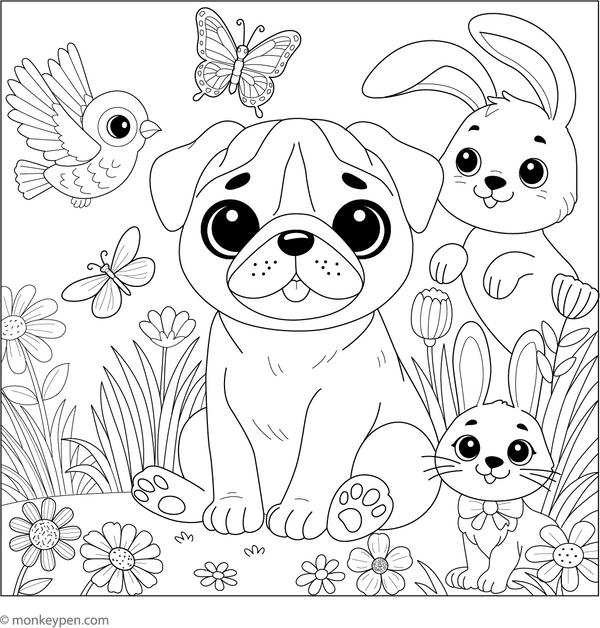 Pug and Friends coloring page – free printable for kids to color and enjoy