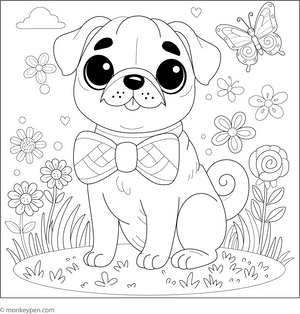 Pug with a Bow Tie coloring page – free printable for kids to color and enjoy