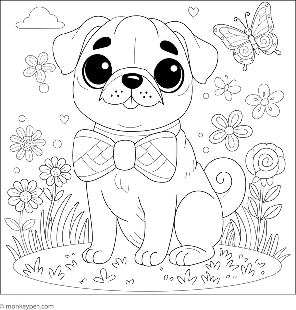 Pug with a Bow Tie coloring page – free printable for kids to color and enjoy