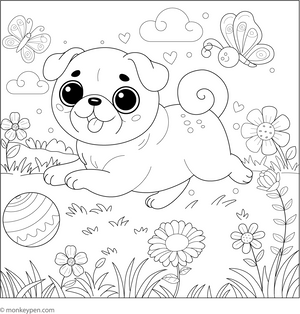 Pug Playing coloring page – free printable for kids to color and enjoy