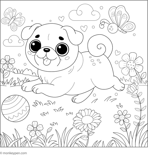 Pug Playing coloring page – free printable for kids to color and enjoy