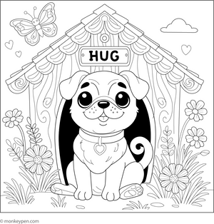 Pug in a Doghouse coloring page – free printable for kids to color and enjoy