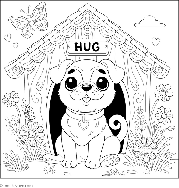 Pug in a Doghouse coloring page – free printable for kids to color and enjoy