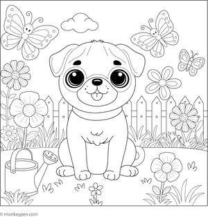 Pug in a Garden coloring page – free printable for kids to color and enjoy