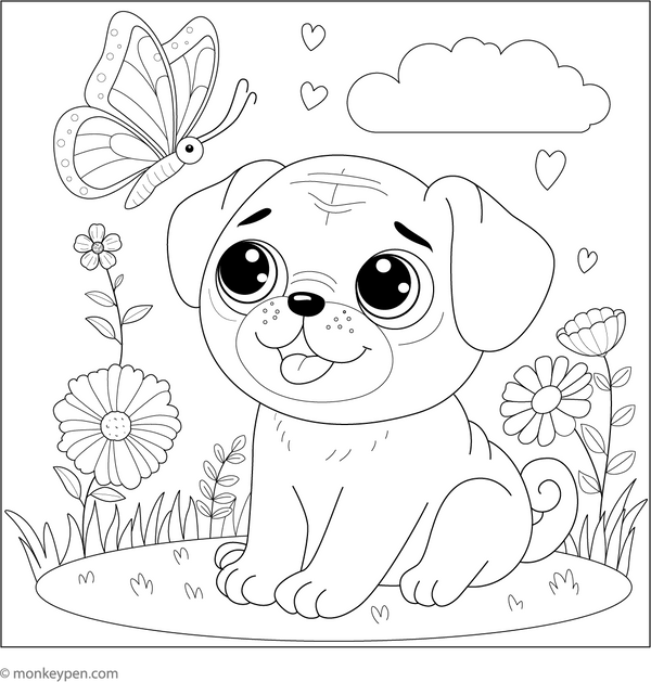 Pug with a Butterfly coloring page – free printable for kids to color and enjoy