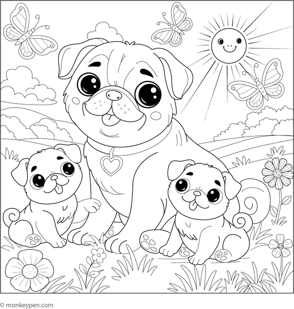 Pug Family coloring page – free printable for kids to color and enjoy
