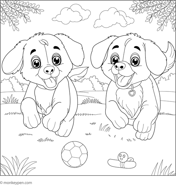 Playful Puppies coloring page – free printable for kids to color and enjoy