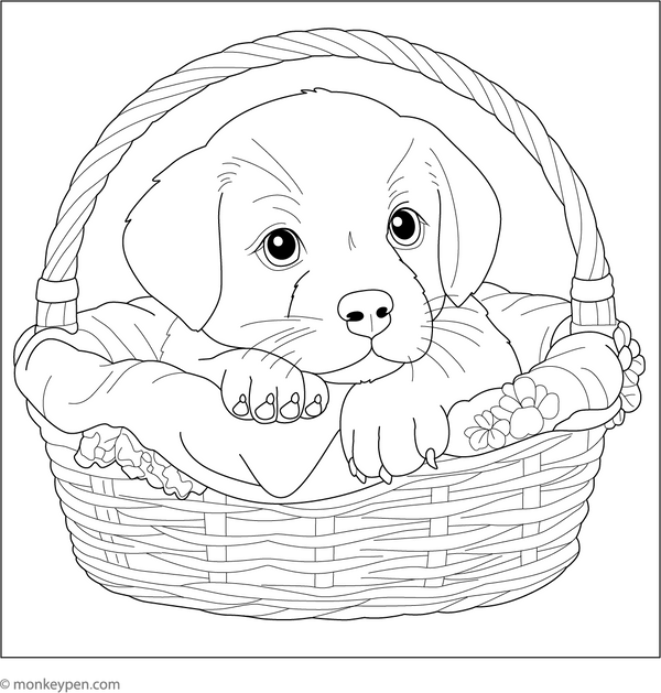Puppy in a Basket coloring page – free printable for kids to color and enjoy