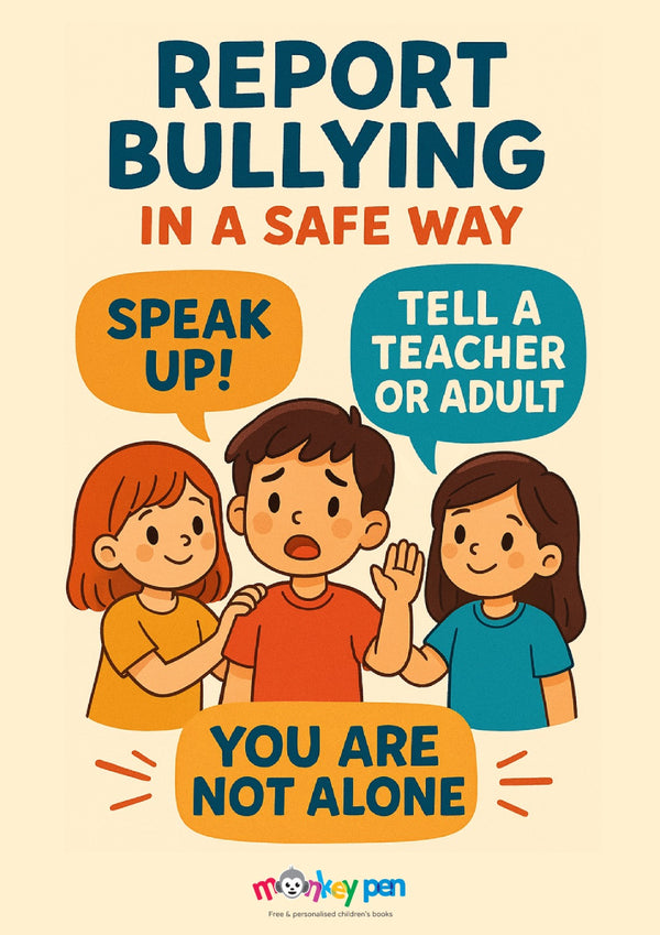 Educational poster with three children encouraging others to report bullying by speaking up, telling an adult, and knowing they are not alone.