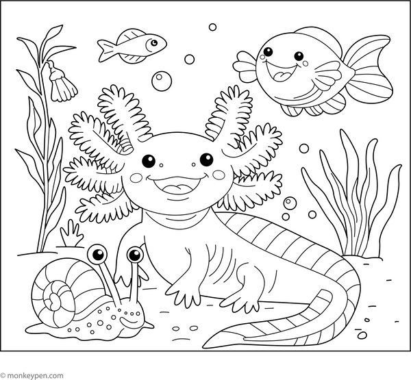 Axolotl with Friends Fish and Snail Coloring Page – printable aquatic animal art for kids