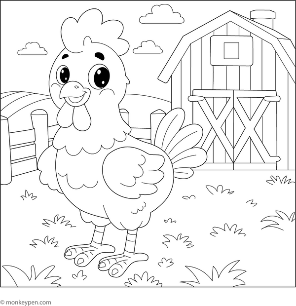Chicken in a Barnyard Coloring Page