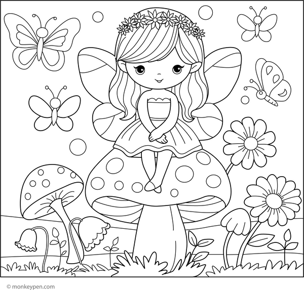 Fairy on a Mushroom Coloring Page