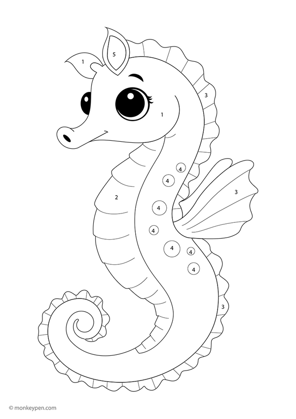 Free downloadable seahorse color-by-number worksheet featuring an underwater scene with numbered sections on the seahorse’s body and background—perfect for kids to explore ocean life while practicing number and color recognition.