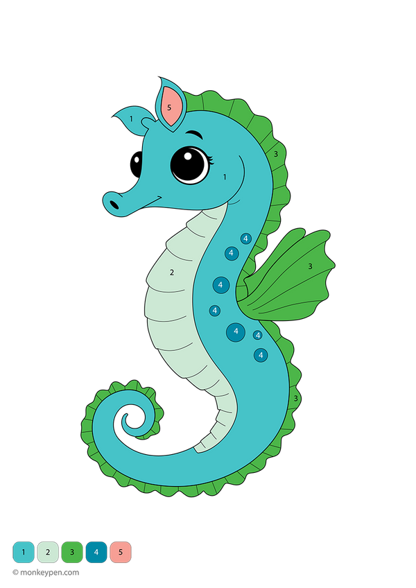 Free downloadable seahorse color-by-number worksheet featuring an underwater scene with numbered sections on the seahorse’s body and background—perfect for kids to explore ocean life while practicing number and color recognition.