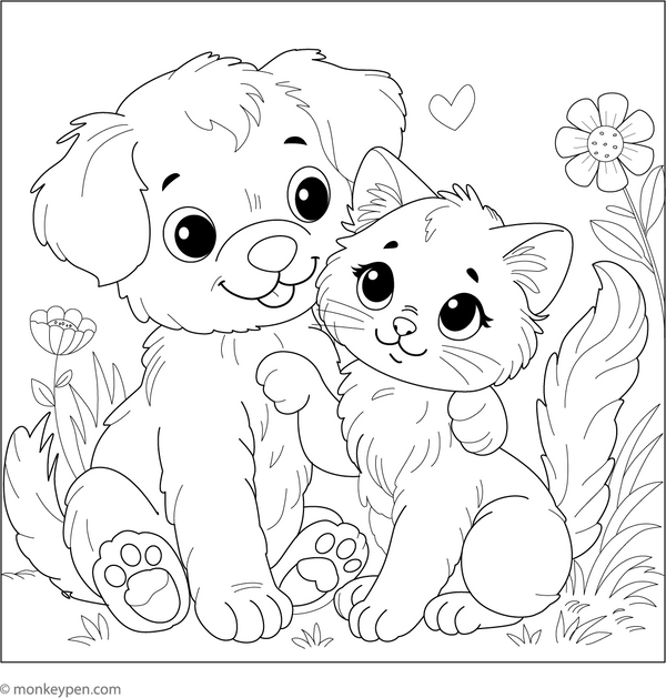 Puppy with Kitten coloring page – free printable for kids to color and enjoy