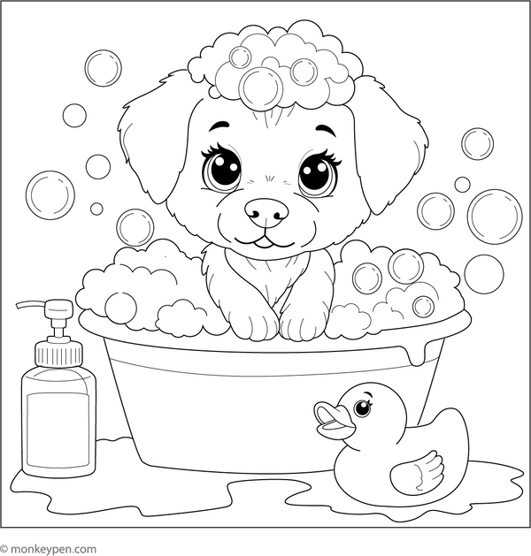 Puppy Bath Time coloring page – free printable for kids to color and enjoy