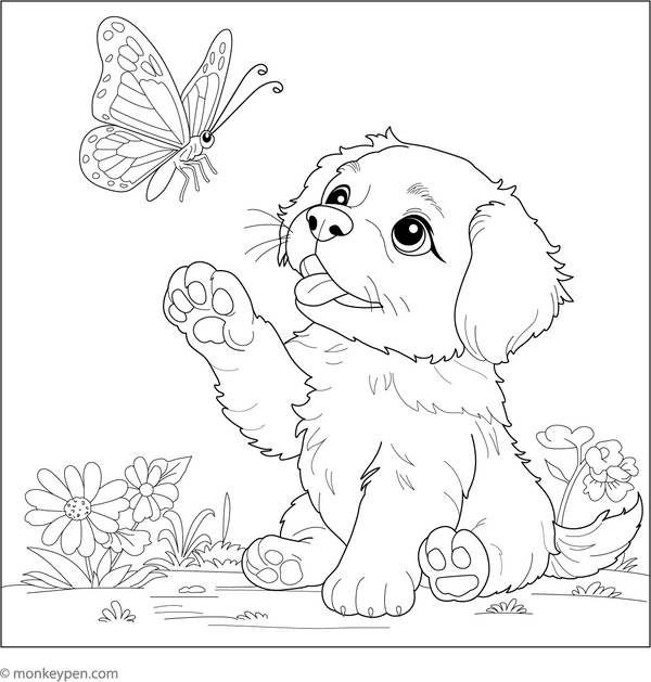 Puppy and Butterfly coloring page – free printable for kids to color and enjoy