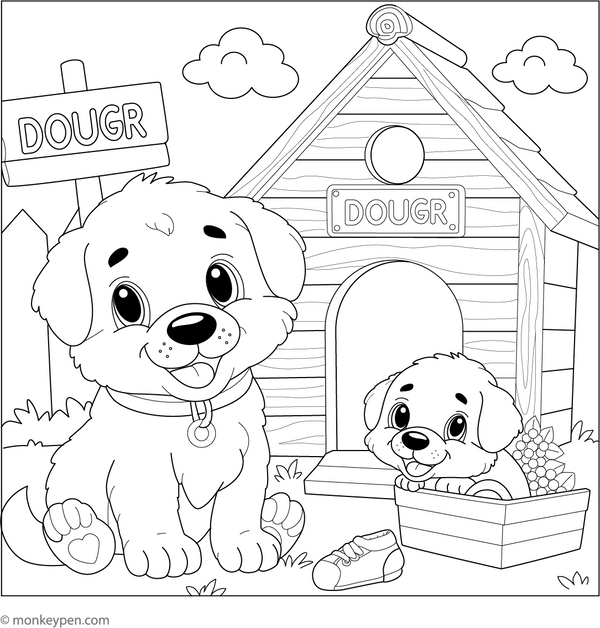 Puppy in a Doghouse coloring page – free printable for kids to color and enjoy