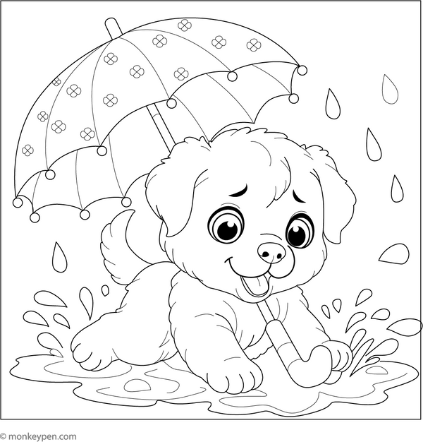 Cute Puppy Playing in Rain coloring page – free printable for kids to color and enjoy