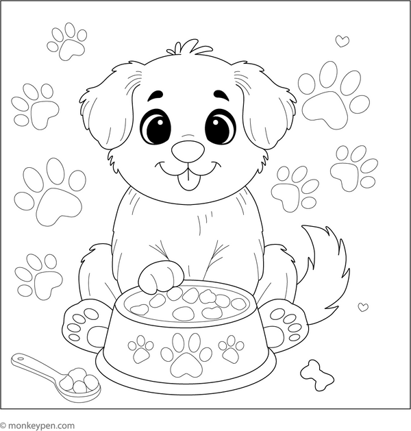Puppy and Food Bowl coloring page – free printable for kids to color and enjoy